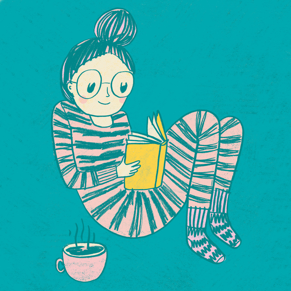 Color drawing of a girl reading a book in pyjamas